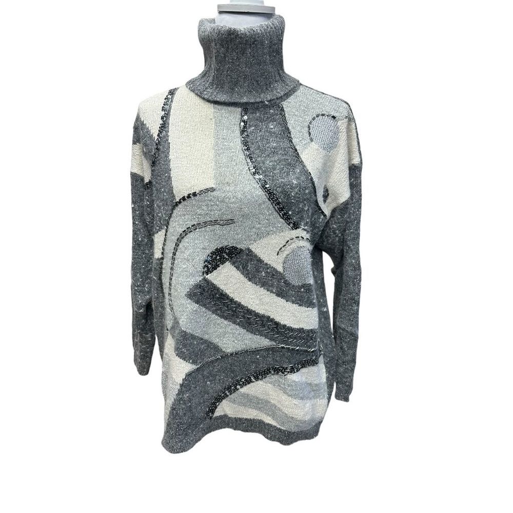 CRISTINA Women's Gray Oversized BEADED Silk & Angora Pullover‎ Sweater Size M
